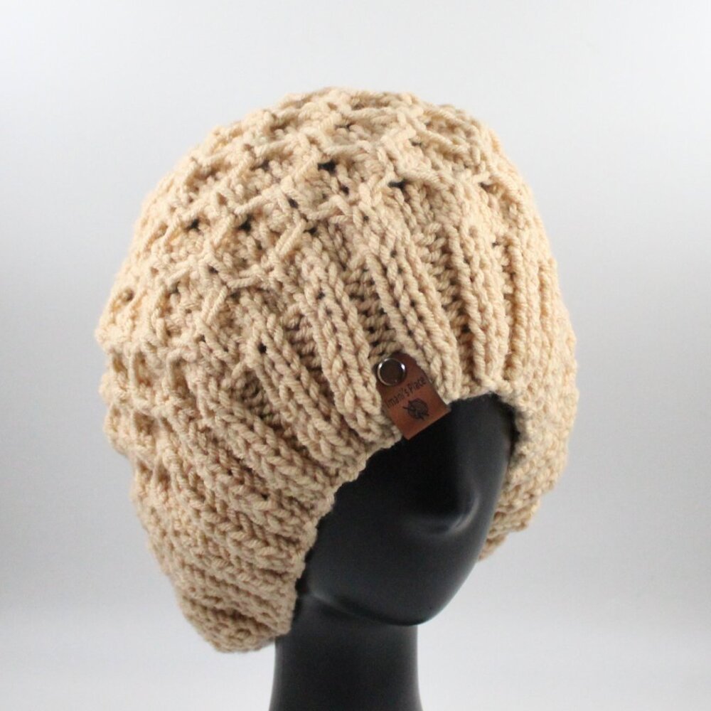 Handmade Hand Knit Acrylic Switchback Knit Hat in Taupe Light Brown